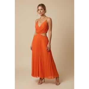 Vibrant Orange Pleated Cut-Out‎ Maxi Dress Size Medium Summer Resortwear Wedding